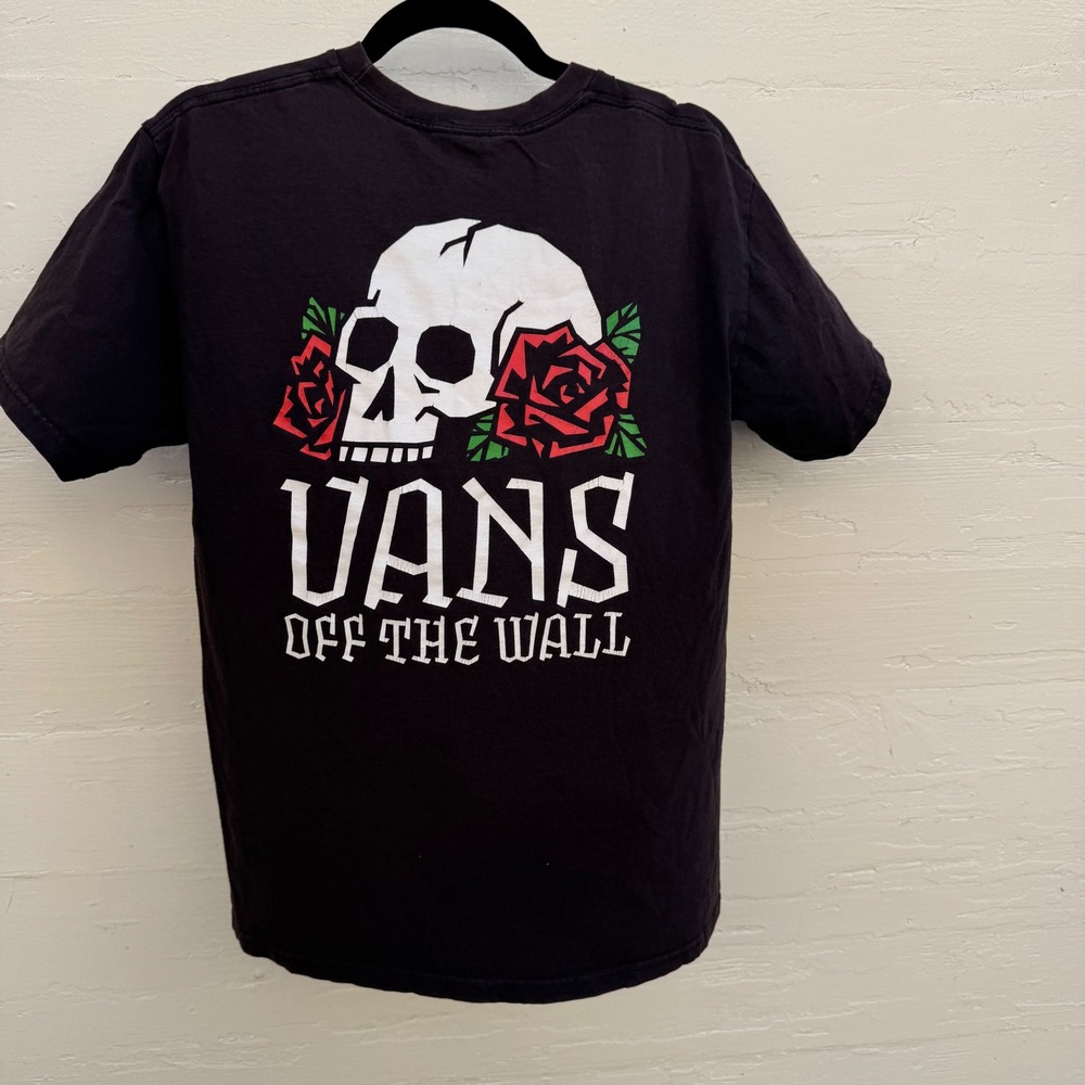 Vans T-Shirt Medium Black Skull Roses Off The Wall Graphic Mens Skate Streetwear